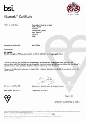 certificado EN 545 ISO 2531 EN 598 ISO 7186 Electrosteel